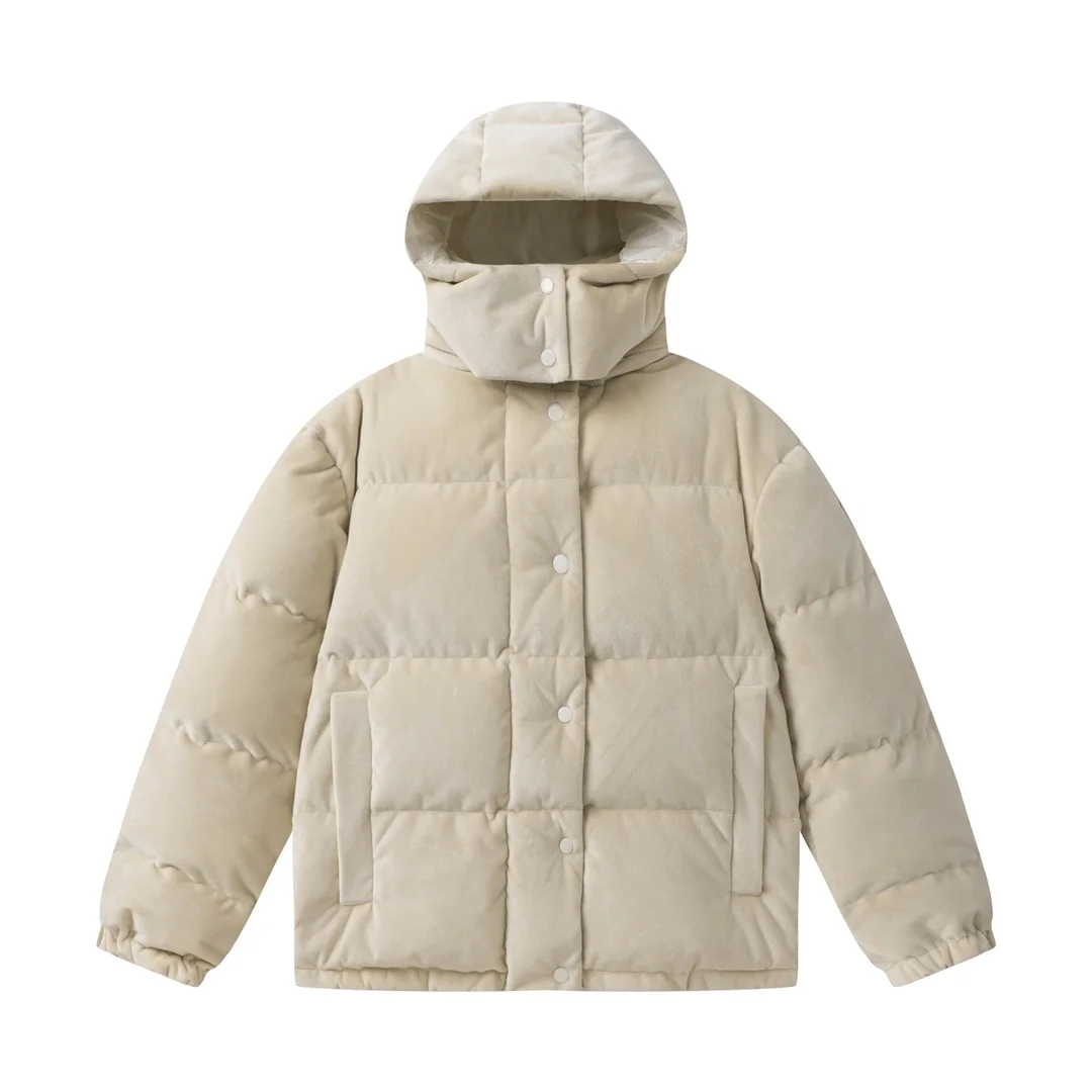 

Down jacket stand collar hooded short loose version solid color single-breasted design warm and comfortable autumn/Winter 2023