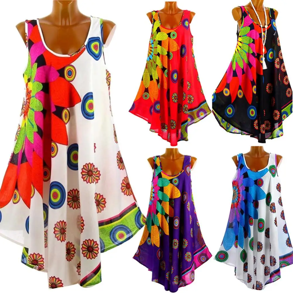 

New Casual Summer Women Round Neck Sleeveless Sunflower Print Loose Irregular Dress