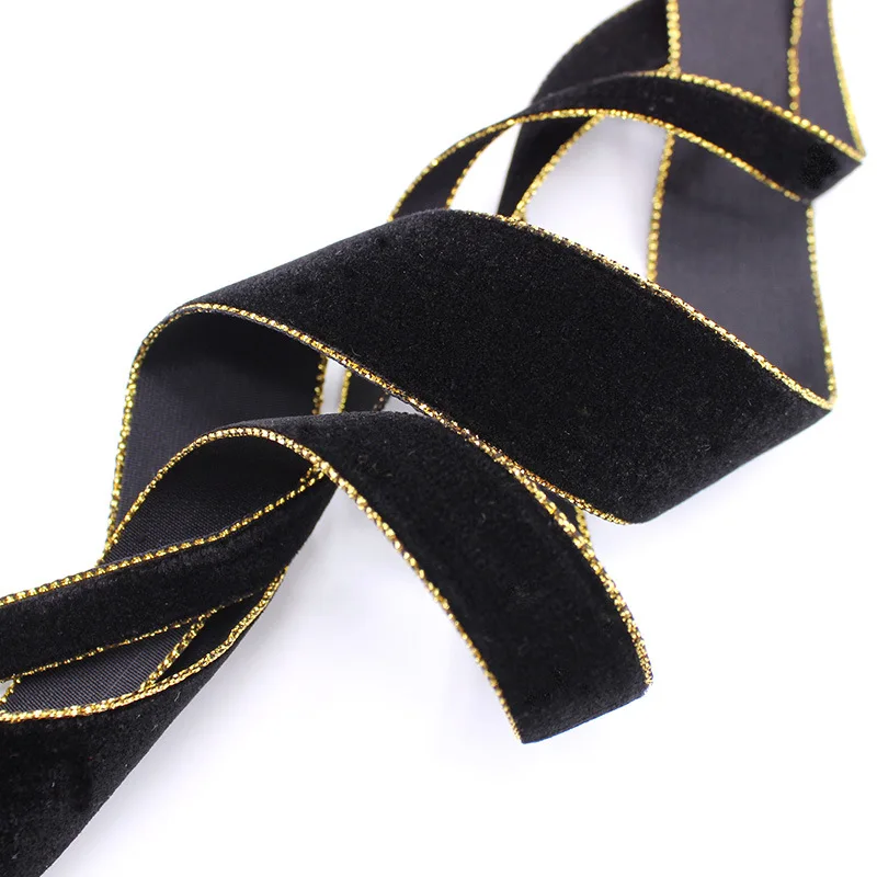 9,16,25,38MM Nylon Velvet Ribbon with Gold Lurex Edge for Handmade Gift  Bouquet Wrapping Supplies Home Party Deco 10 Yards