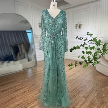 Wasisi Arabic Turquoise Elegant Mermaid Beaded Open Split Evening Dresses Gowns 2023 For Women Wedding Party ELA72007 1