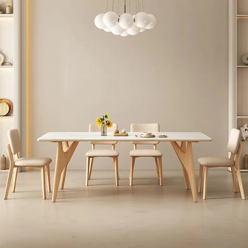 Cream style rock board dining table and chair combination Japanese Wabi Sabi style small apartment Nordic wood color