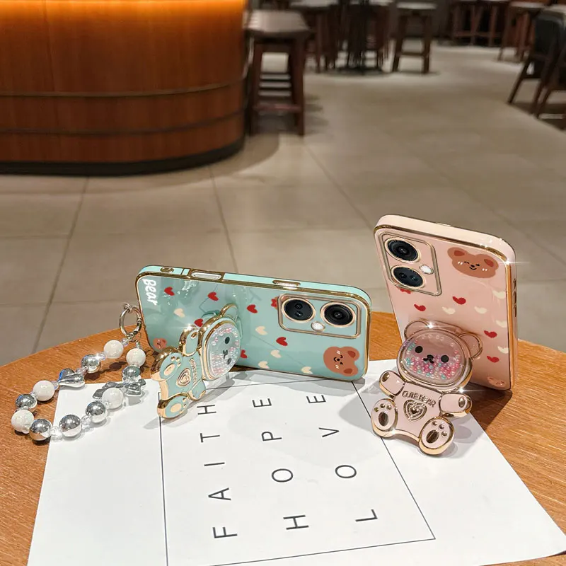 Pearl Strap Love Bear Phone Holder Case with Anti-Knock Stand Cover