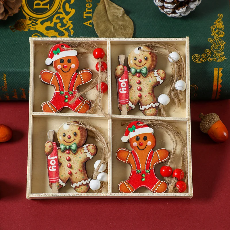 12 Wooden Boxed Christmas Decorations  Wooden Colored Gingerbread Man Small Pendants Christmas Tree Ornaments