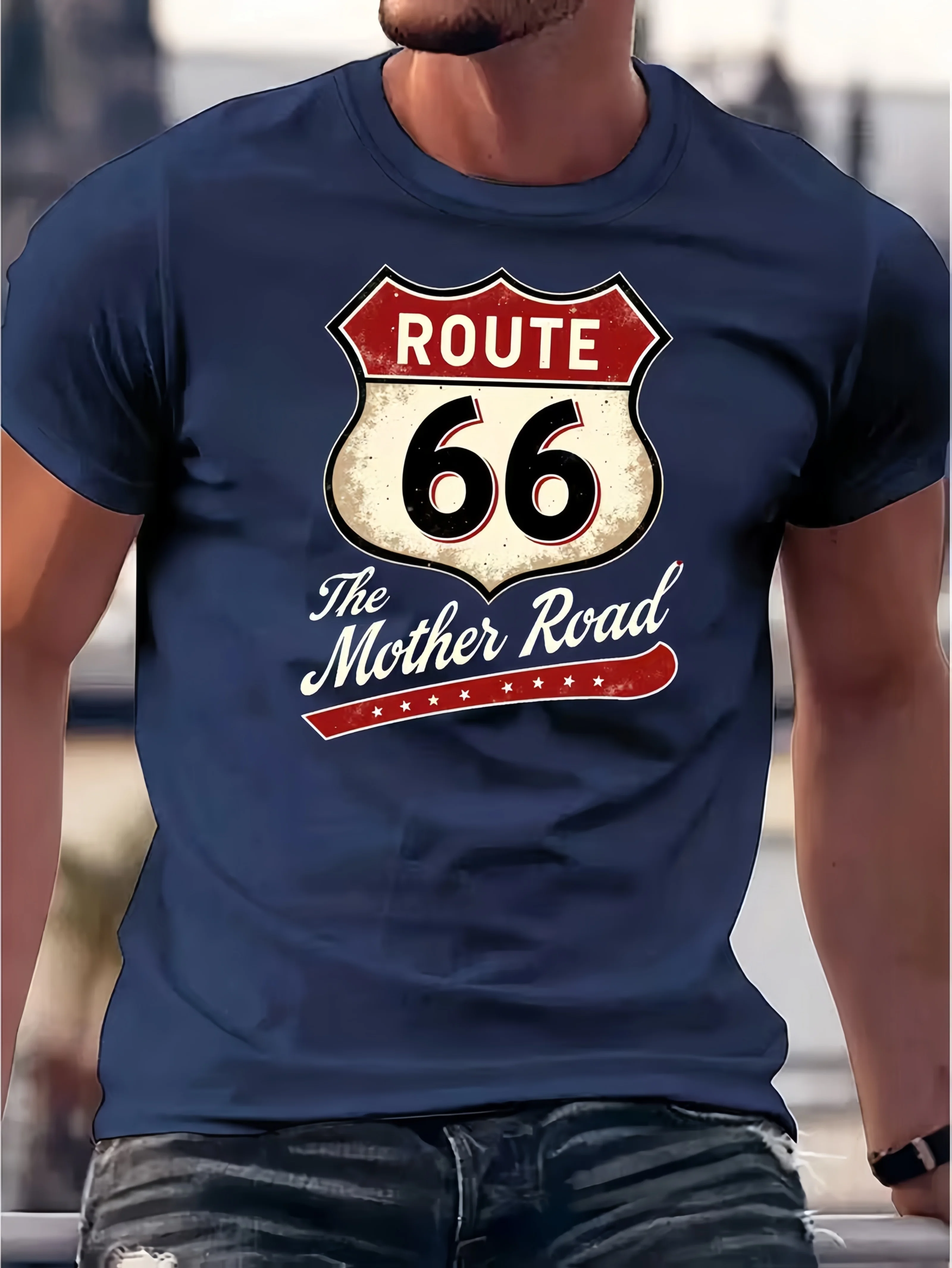 Distressed Route 66 "The Mother Road" Aufdruck auf Premium Weichem 100% Baumwoll-Herren-T-Shirt Perfekt für Sommerlichen Casual Streetwear-Stil