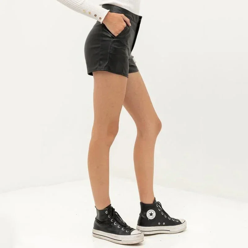 Vintage High Waist Faux Leather Shorts Women Casual PU Hot Pants With Pockets Ladies Stretchy Summer Shorts Clubwear New Custom