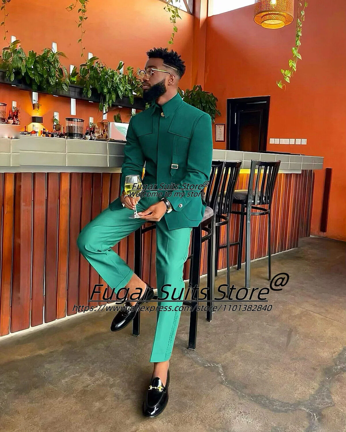 Formal Stand Collar Green Wedding Suits For Men Slim Fit Groom Tuxedos Prom  2 Pieces Sets Business Male Blazer Trajes De Hombre