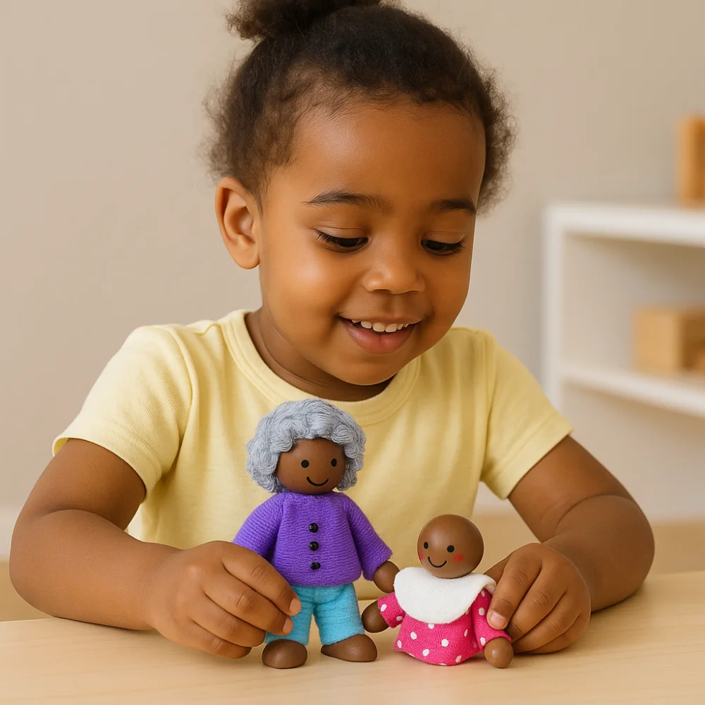 8개 세트 시뮬레이션 목재 가구 미니어처 피규어 이야기를 위한 미니 목재 가족 미니어처 인형 이동 가능