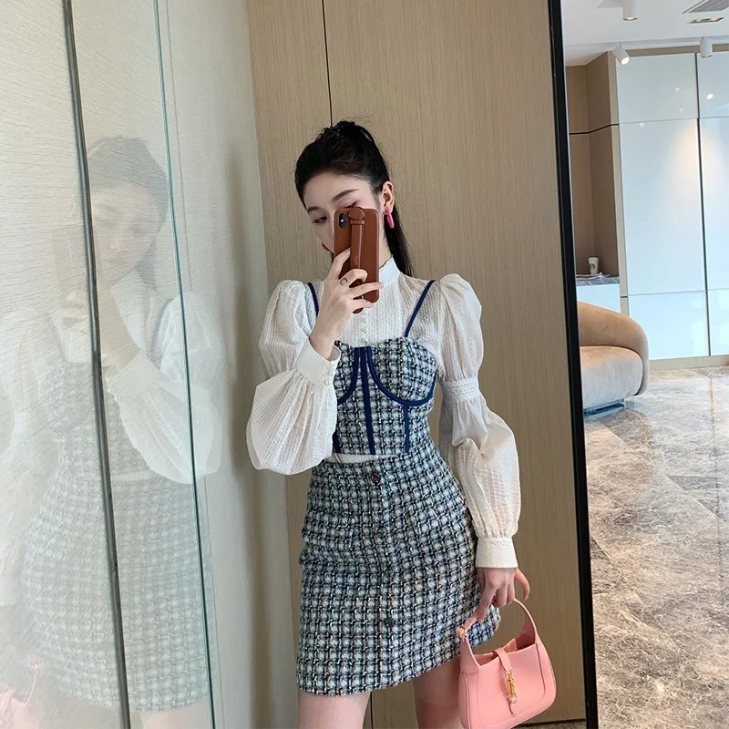 

Модель 2023 года, костюм Xiaojingjia в стиле Френч из двух предметов, топ с короткой юбкой, стиль Френч, уличный костюм