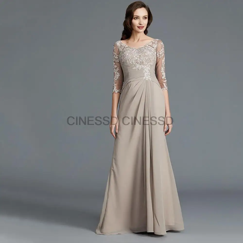 

Applique Pleat Mother Of The Bride Dresses For Weddings 3/4 Sleeves Floor Length Chiffon Party Guest Gown A Line Summer