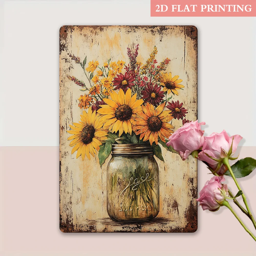 빈티지 해바라기 메이슨 항아리 금속 간판 철제 8x12인치 레트로 벽 장식 플라크 양철판 가정 사무실 주방용