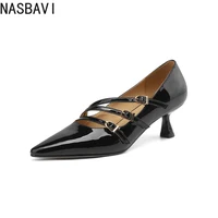 NASBAVI Women's New Spring Genuine Leather Sheepskin Pointed Three Row Buckle High Heel Large Mary Jane Work Single Shoes 34-46 1