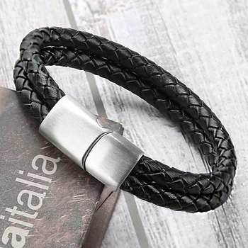 New Vintage Double Layer Black Braided Leather Bracelet with Stainless Steel Clasps for Men Women Fashion Bracelets Jewelry