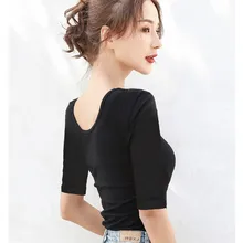  Solid Summer Lady Top Tees U Neck Backless T Shirt Cotton Slim Fit White T-Shirt Hafl Sleeve Spring Bottoming Shirts Street Wear 