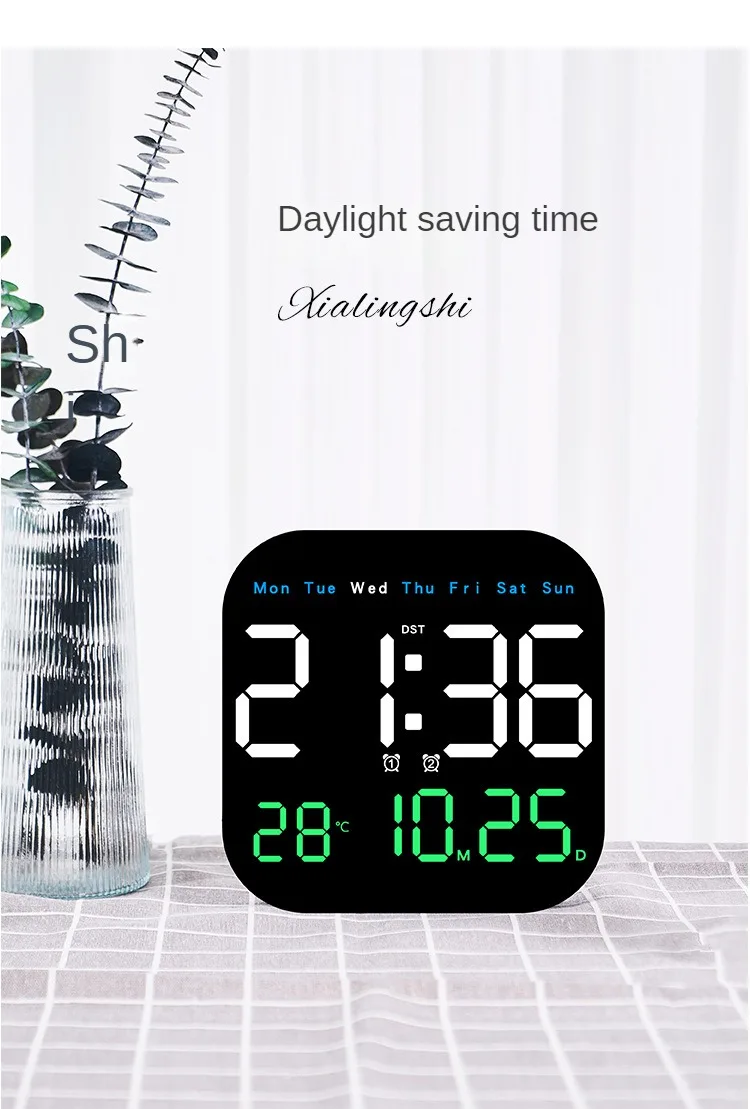 Digital Wall Clock with Temperature and Date - LED Alarm Clock 1224H Remote Control