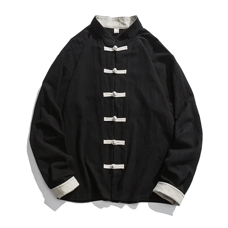 Men Chinoiserie Stand-up Collar Frog Cardigan Retro Long-sleeved Shirt Mens Linen shirts Japanese Kimono Men's Hanfu Tops