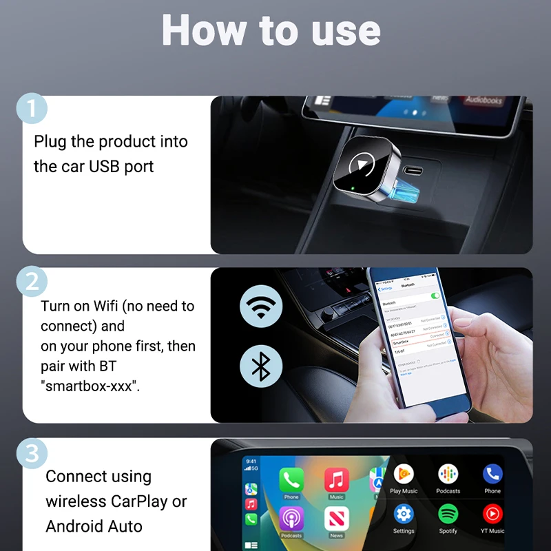 2in1 Mini Wireless CarPlay and Android Auto Adapter 5GHz WiFi Type-C/USB Plug and Play Smart Box for Car Accessories Dongle
