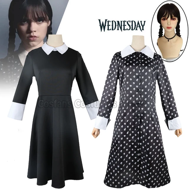 Wednesday Addams Cosplay Dress Women Girls Costumes Black Gothic Halloween  Party