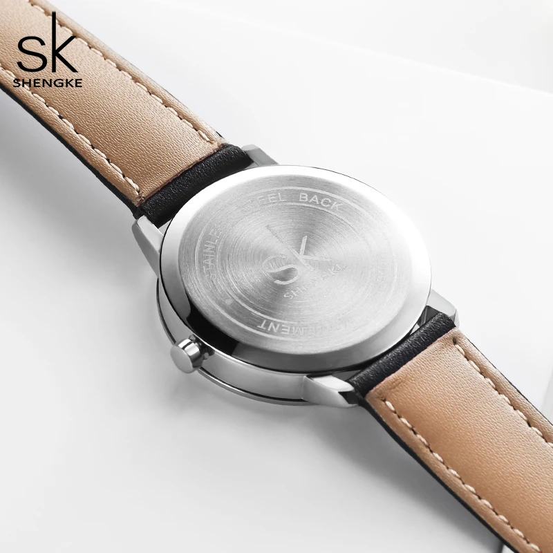 Shengke High-End Full Stainless Steel Women's Watches Simple Leather Strap Woman Quartz Wristwatcehs Original Design Lady Clock