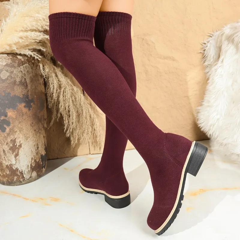 Women Over The Knee Knitted Sock Boots Burgundy Block Heel Warm Winter Fall Fashion Shoes for Women Casual Non Slip Footwear