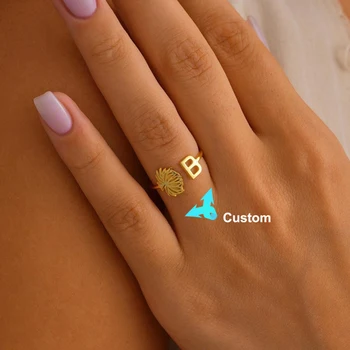 Custom Month Flower Initial Rings for Women Stainless Steel Initial Letter Ring with BirthFlower Personalized Waterproof Jewelry