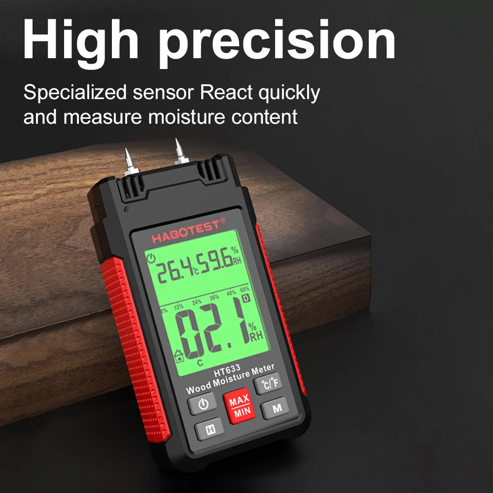 HABOTEST HT633 Digital Wood Moisture Meter Professional 0~57% Timber Hygrometer Portable Tool LCD Display Timber Damp Detector Wood Moisture Meter