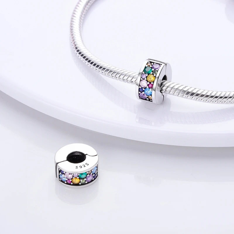 Charm Jewelry 925 Silver Charms Clasp Clip CZ Pave Zircon Safety Chain Stopper Beads for Woman