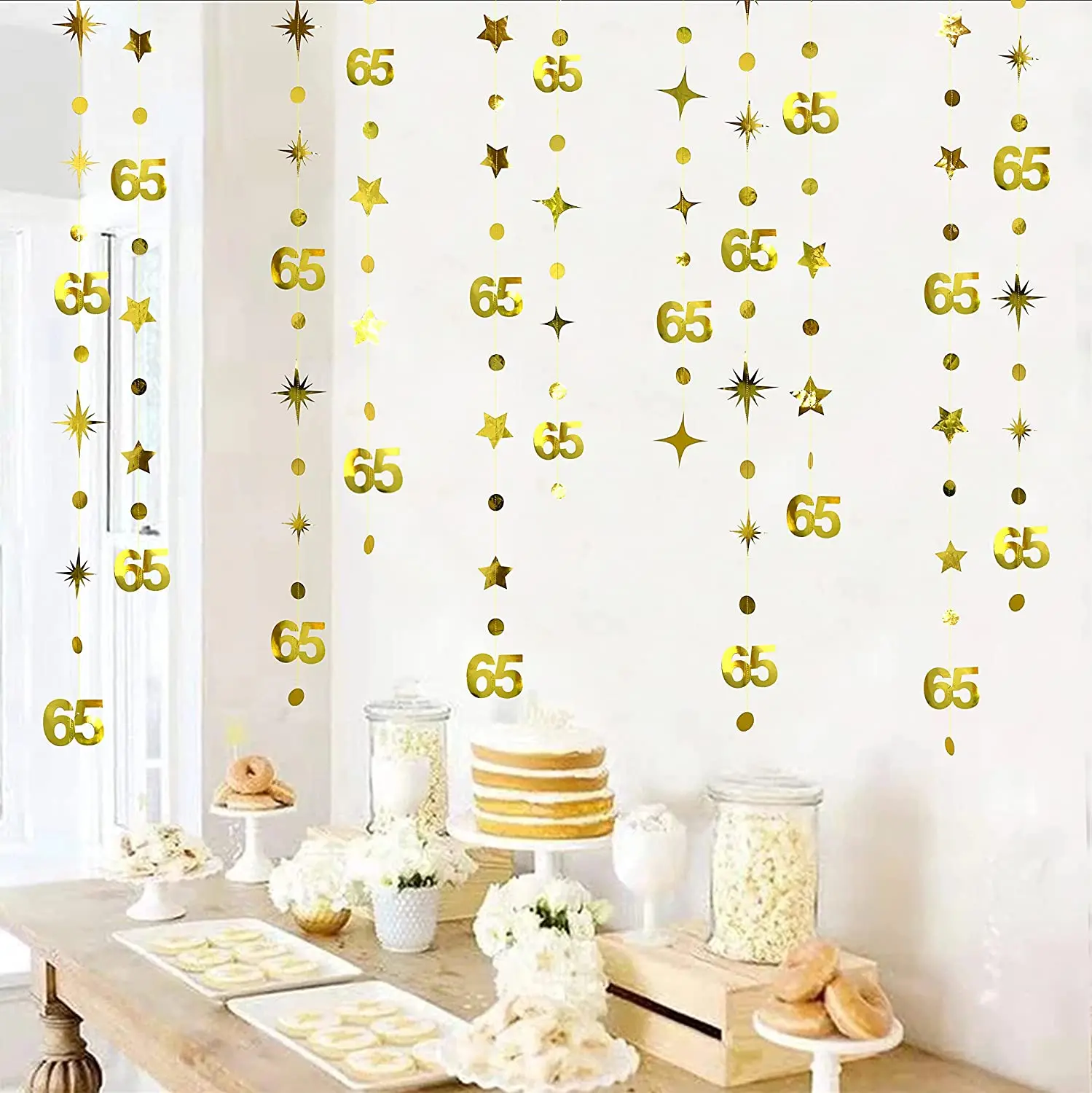Oro Buon 65 ° Compleanno Decorazione Numero 65 Cerchio Dot Scintillio Stella Ghirlanda Appeso Streamer Sfondo Per 65 Anni Compleanno