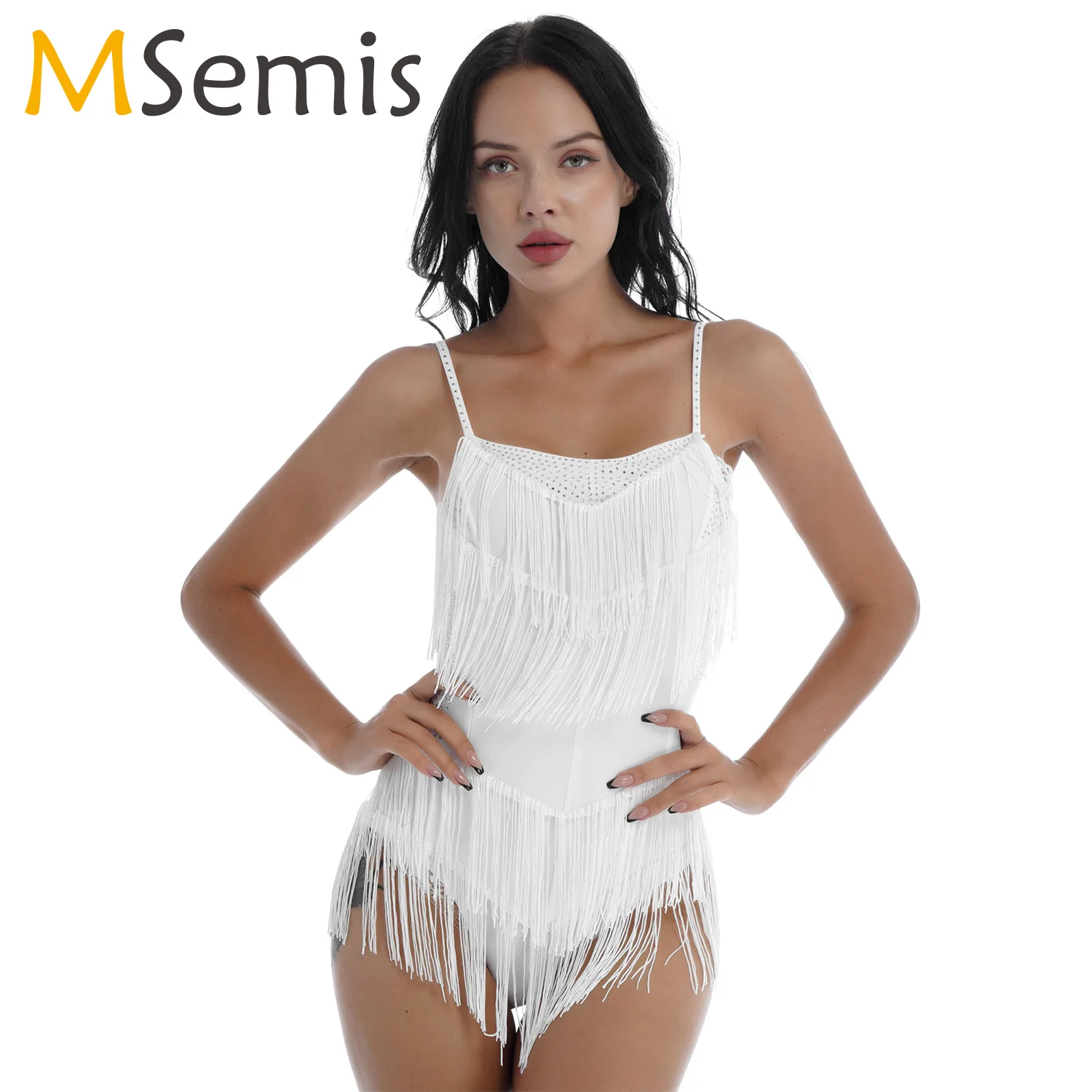 

Women Rhinestone Tassel Latin Dance Dress Backless Fringed Leotard Competition Ballroom Samba Tango Latin Performance Costume