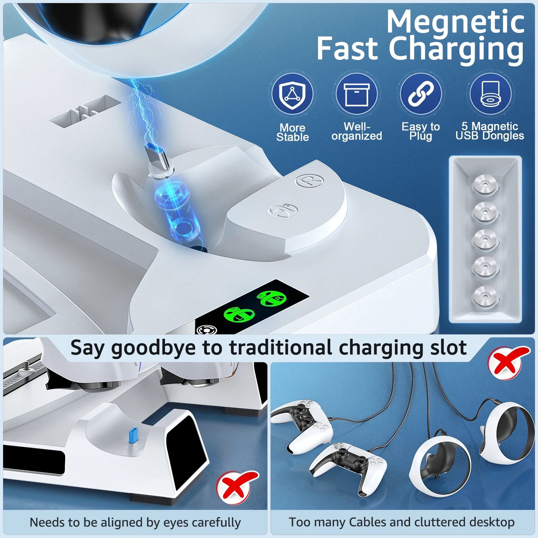 FOR PS5 & PS VR2 Charging Station with AC Adapter and 3-Level Cooling Fan for PS5 & PSVR 2 Controller Charger Dock Station