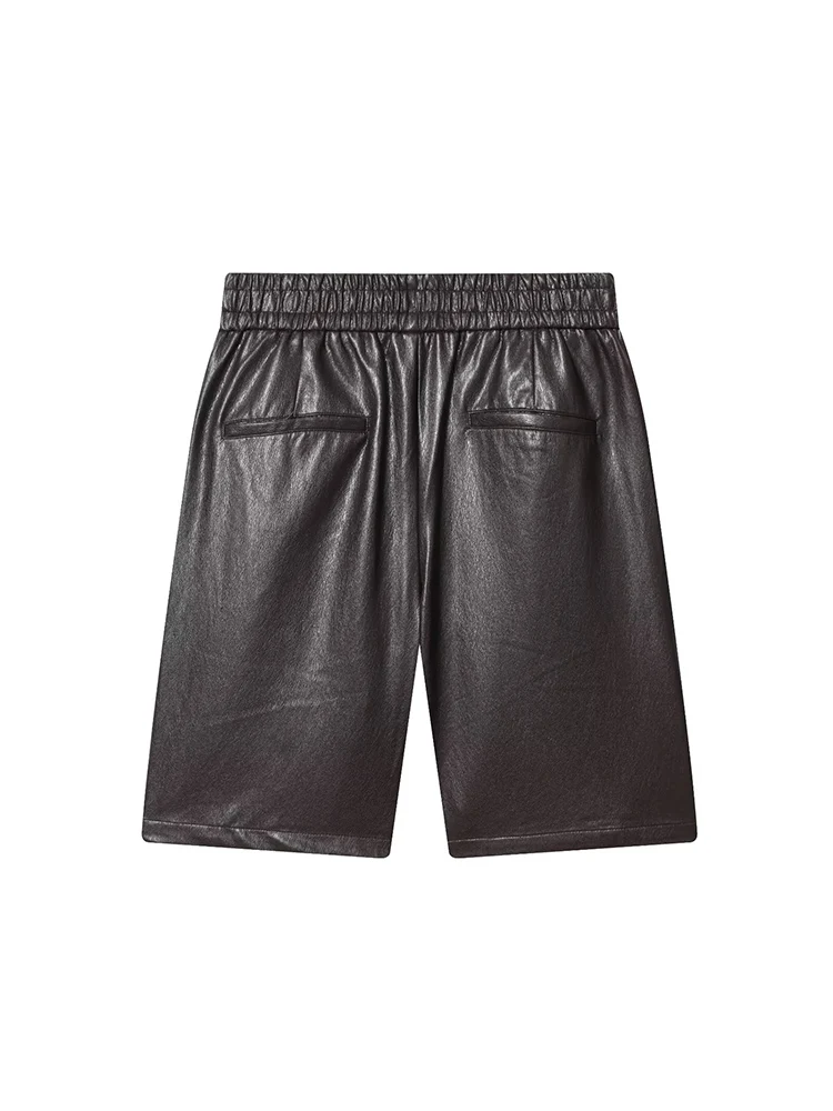  New PU Leather Shorts For Women Chic Wide Leg Short Pant New High Waist Elastic Waist Black Vintage Casual Loose Half Pants