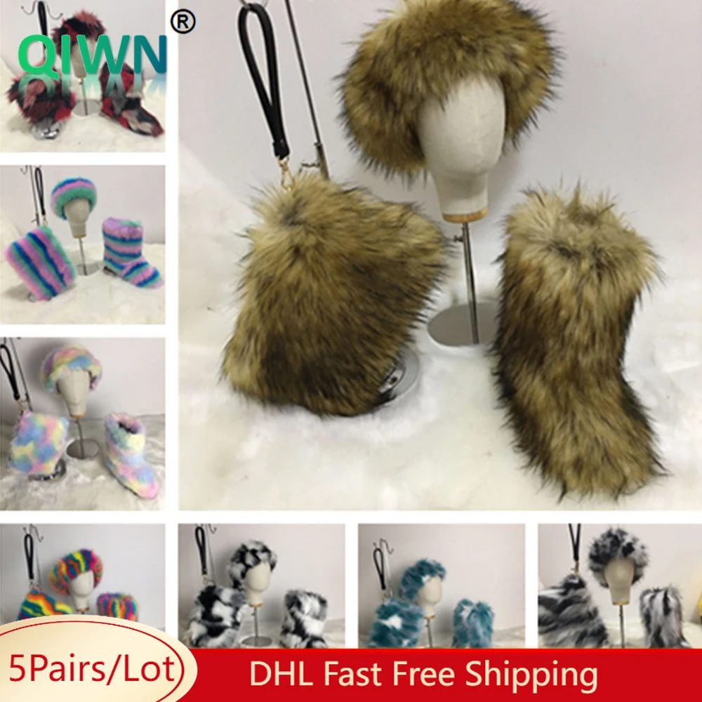 5Sets Bulk Wholesale Women Plush Snow Boots Bags Headbands 3 Piece Sets