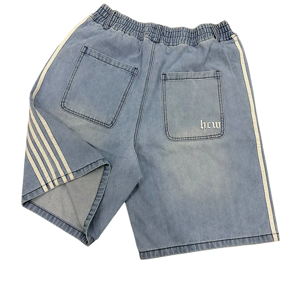 Y2K Denim Shorts Mens Womens HCW Striped Embroidery Retro Loose Summer Shorts Harajuku Hip Hop Casual Gym Streetwear denim shorts,summer jeans shorts
