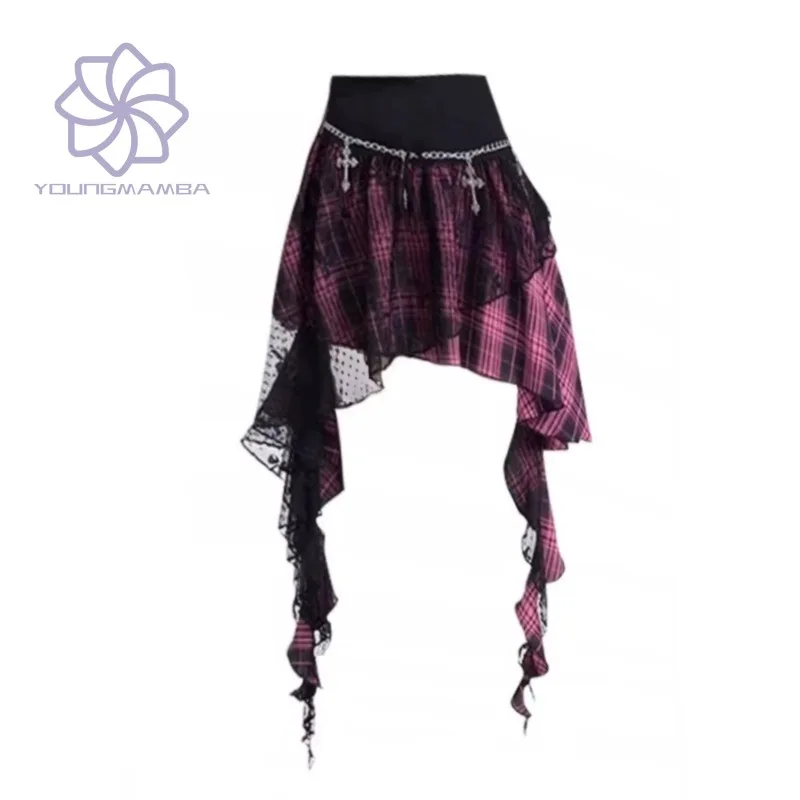 

Юбка женская клетчатая Асимметричная с высокой талией и кружевом