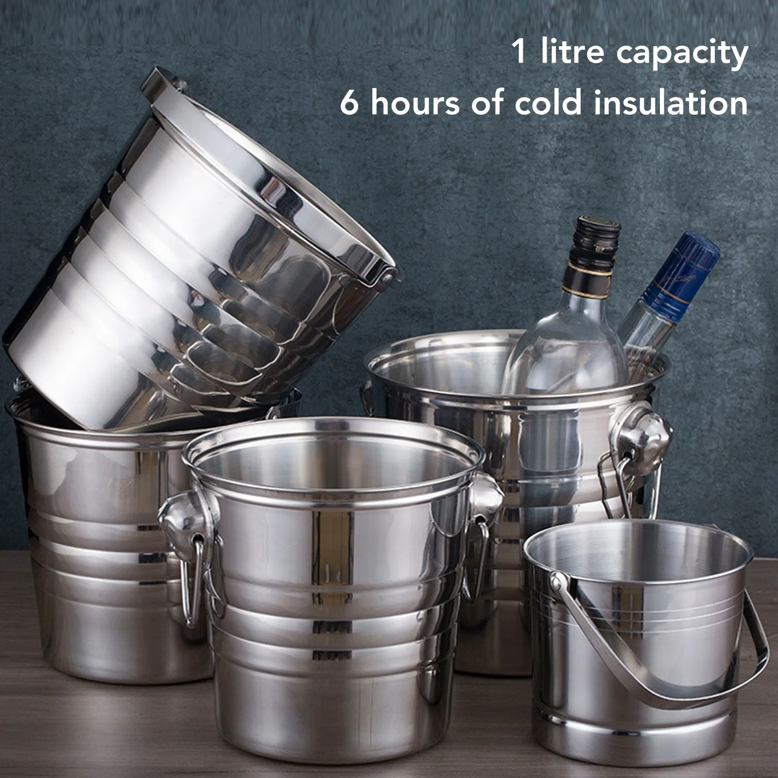Ice Container Stainless Steel Rust Proof Cocktail Ice Bucket Portable Handle with Drip Tray Tongs for Parties for Wine