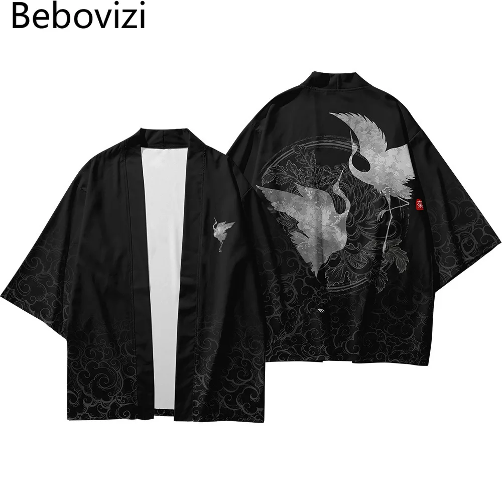 Bebovizi Japanese Crane Kimono Cosplay Pant Men Women Cardigan Samurai Robe Black Clothes Summer Yukata Vintage Haori
