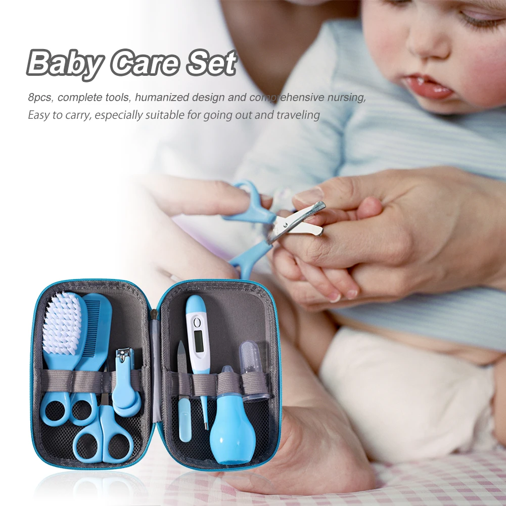 8Pcs Baby Care Product Including Hair Brush Nail Clipper Thermometer Baby Grooming Kit Portable Nursery Infants Care Kit