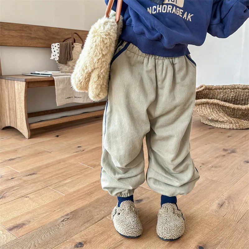 

Children's Pants Autumn Winter Korean Baby Fleece Thick Casual Pant Solid Washed Cotton Kids Boy Girls Plus Velvet Warm Trousers