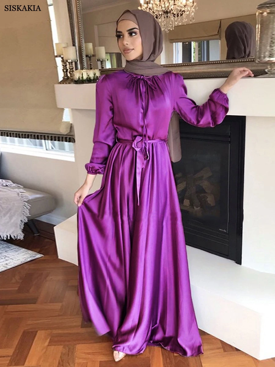 

Siskakia Dubai Arab Long Dress Middle East Muslim Bow Tie Solid Stand Collar Long Sleeve Quality Satin Abaya Elegant Swing Women
