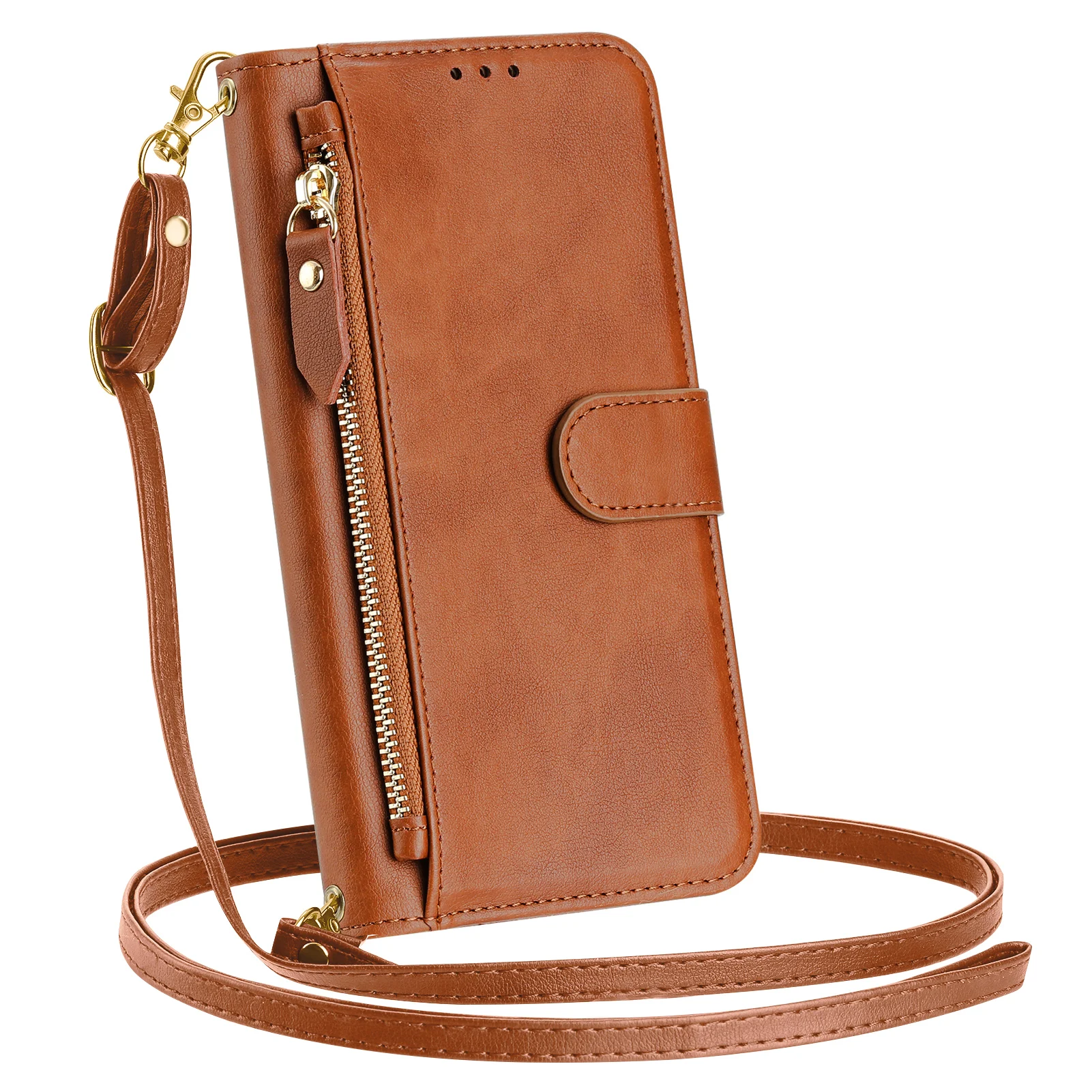 Crossbody Leather Zipper Shoulder Wallet Case with 7 Card Slots