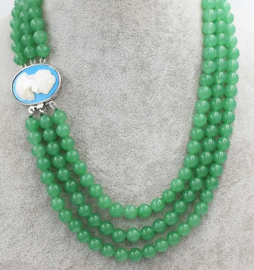 NECKLACE 3rows green jade 10mm round necklace 18-20