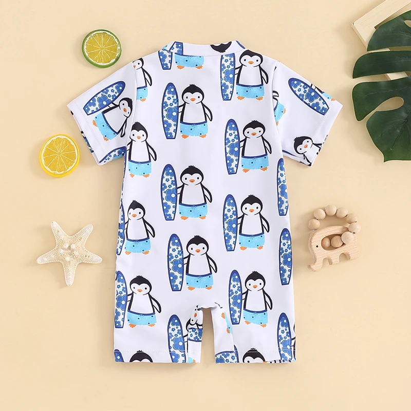 FOCUSNORM 0-3Y Summer Baby Boy's Swimwear Short Sleeve Dinosaur Print Half Zip Up Rash Guard Bathing Suit