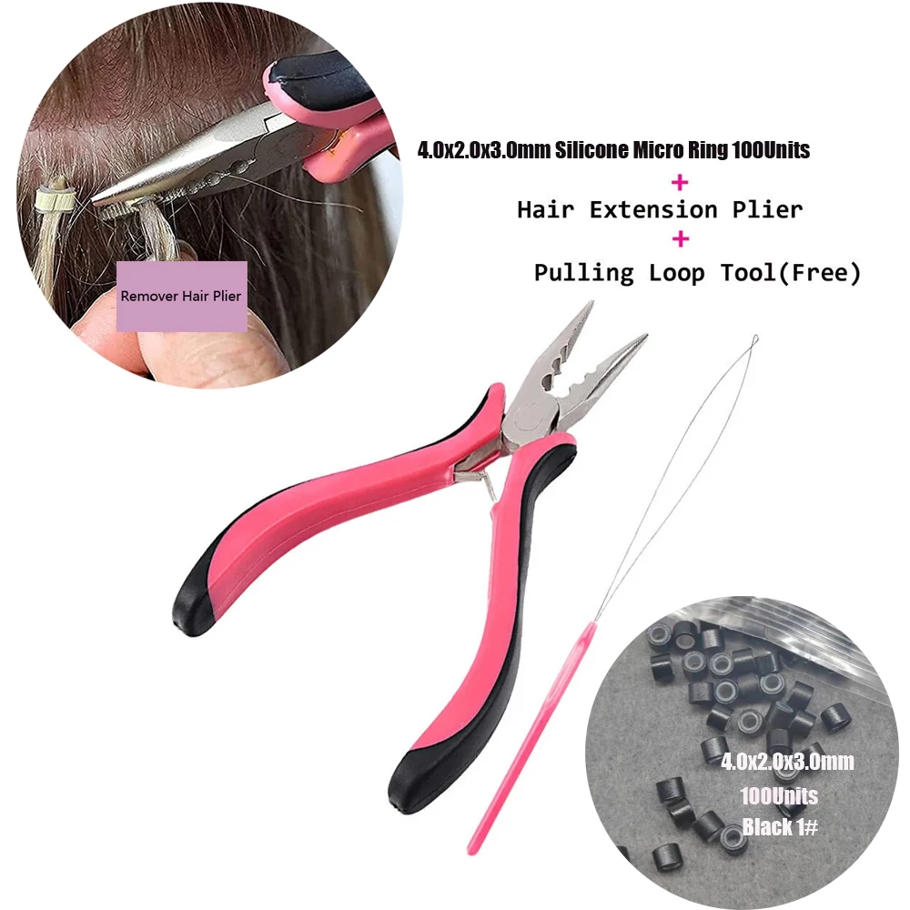 실리콘 마이크로 링크 헤어 링, 실리콘 마이크로 링크 링, 1 유닛 헤어 익스텐션 집게, 1 유닛 루프 풀링 없음, 100 유닛, 4.0X2.0X3.0MM