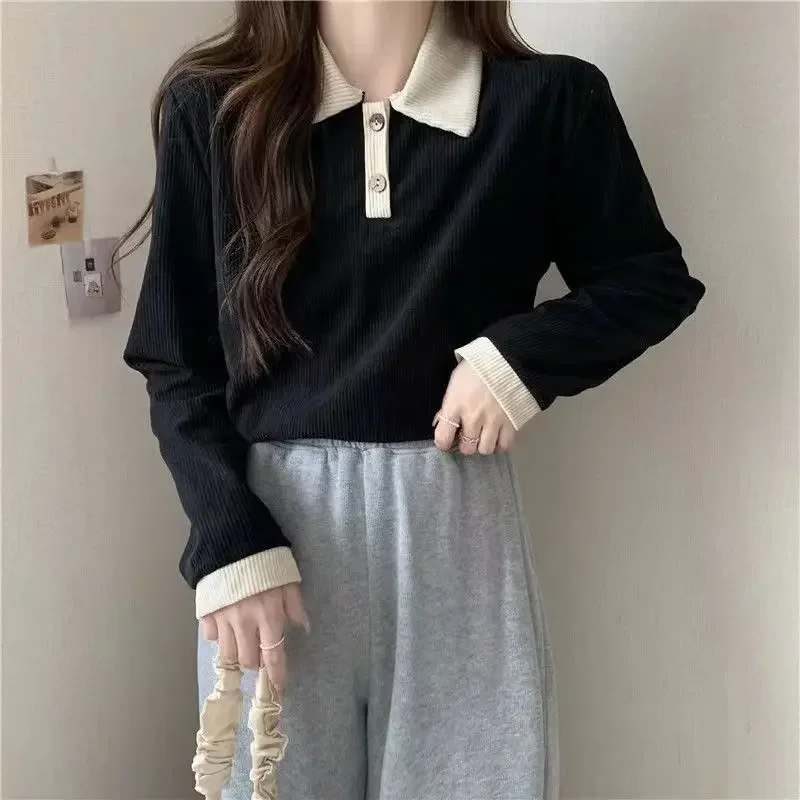 Casual Women T-shirts Korean Fashion Sweet Preppy Style Tops Female Autumn Long Sleeve Turn Down Collar Basic Pullovers Tees 3