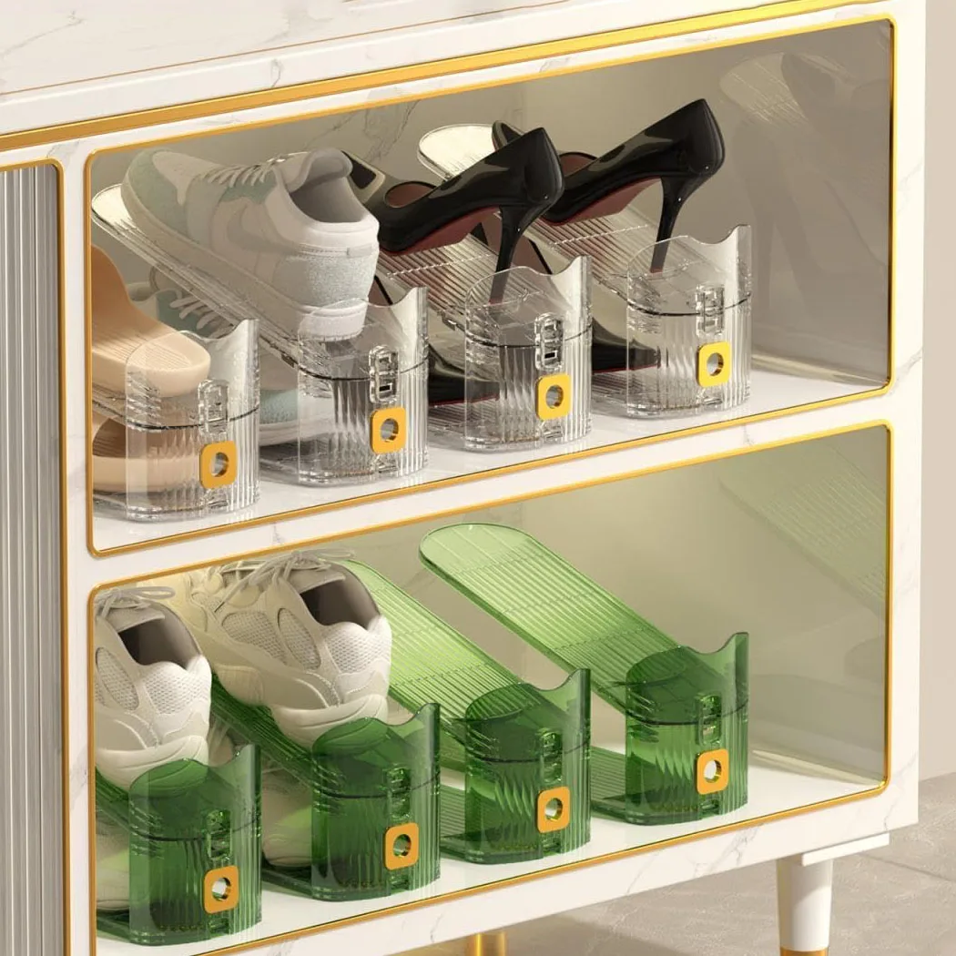 6/8Pcs 2-Layer Adjustable Shoe Rack Clear Footwear Support Slot Space Saving Shoe Storage Stand For Closet Shoebox Organizer