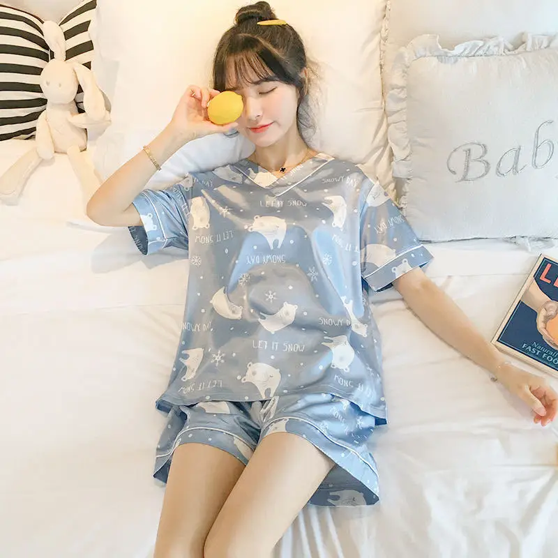 Women's Pajamas Sets Satin Silk Pyjama Heart Print Summer Pijama Mujer Pjs Sleepwear Short Sleeve Shorts 2 Piece Casual Homewear