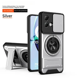 Rotating Magnetic Ring Holder Phone Case with Lens Slide and Kickstand Cover - Motorola Moto G23 (Silver)
