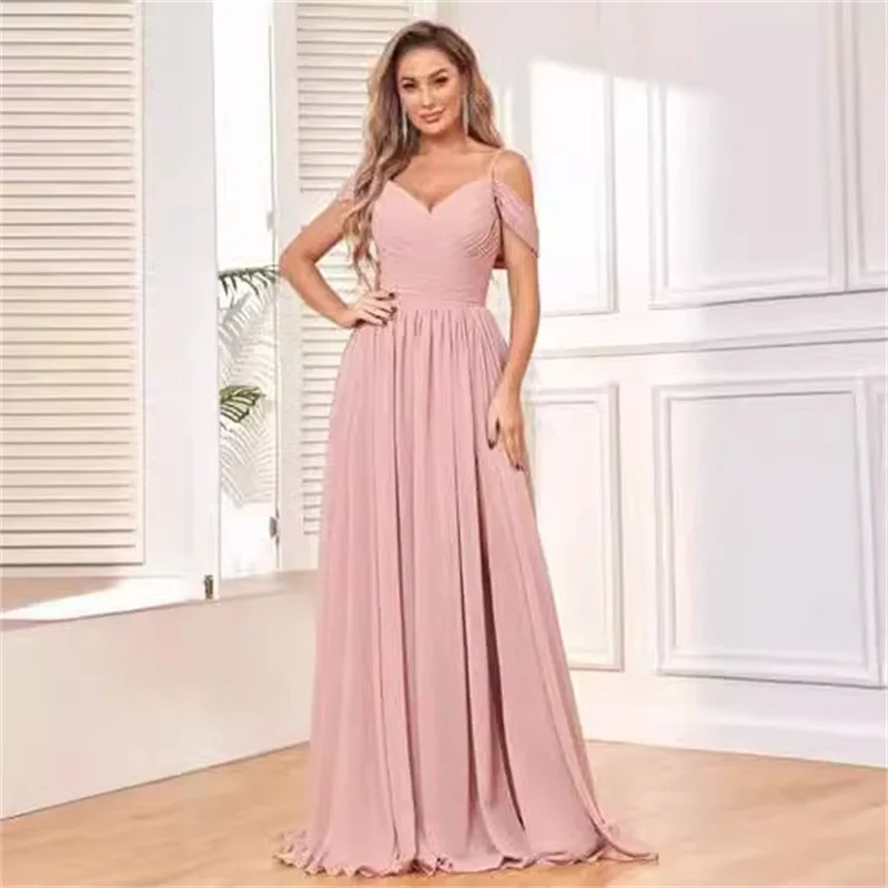 A Line Chiffon Slit Elegant V Neck Pleat Spaghetti Straps Bridesmaid Dresses Evening Wedding Party Formal Prom Cocktail Lace Up