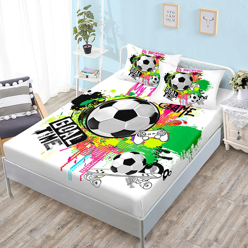 Basketball Boys Fitted Sheet Set Twin Full King Bed Fitted Sheets for Kids Teens Football Bed Set with Pillowcase Bedroom Decor 5