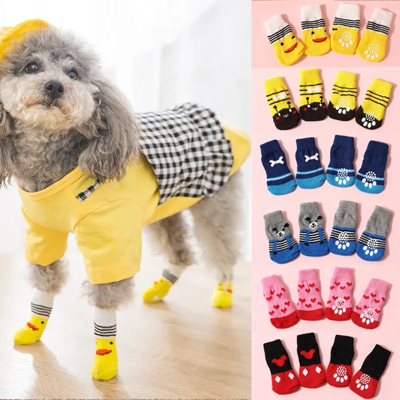 4Pcs/Set Winter Warm Dog Socks Anti Slip Pet Shoes Socks For Small Medium Dogs Soft Breathable Chihuahua Teddy Puppy Foot Cover