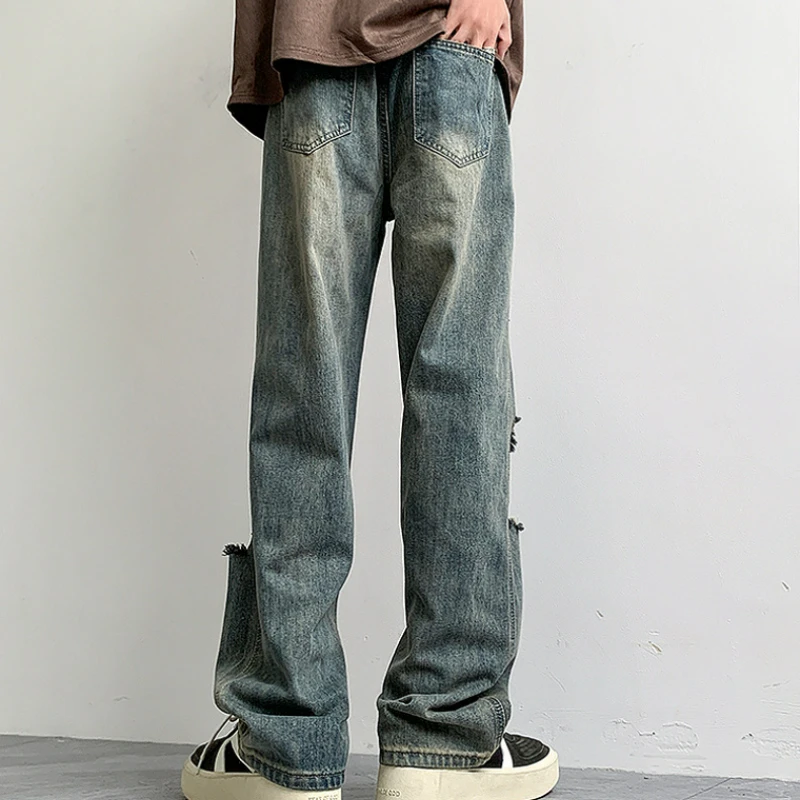 Y2K Style Straight Jeans Men's Fashion Ripped Street Casual Wide Leg Jeans Women's 2024 Summer Retro Blue Loose Pants Hip-Hop